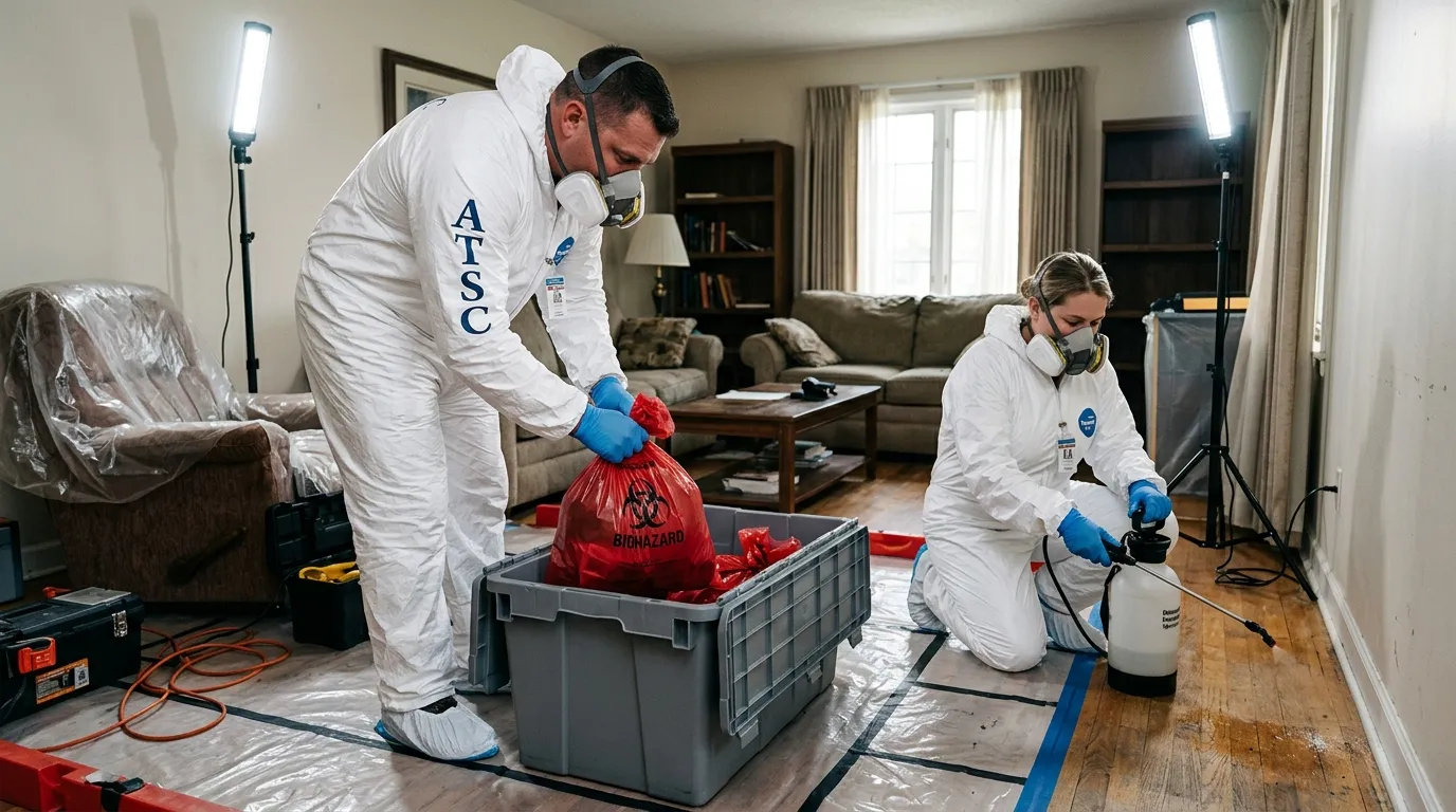 Professional Hazmat Cleanup technician in full PPE working in Sun City